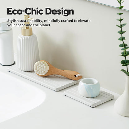 3 Pack Water Absorbent Diatomite Coasters, Stone Drying Mat for Kitchen Counter, Bathroom Sink Organizer Tray, Compact Vanity Rack, Soap Holder Caddy, Faucet Splash Guard, White 8"x3.8"