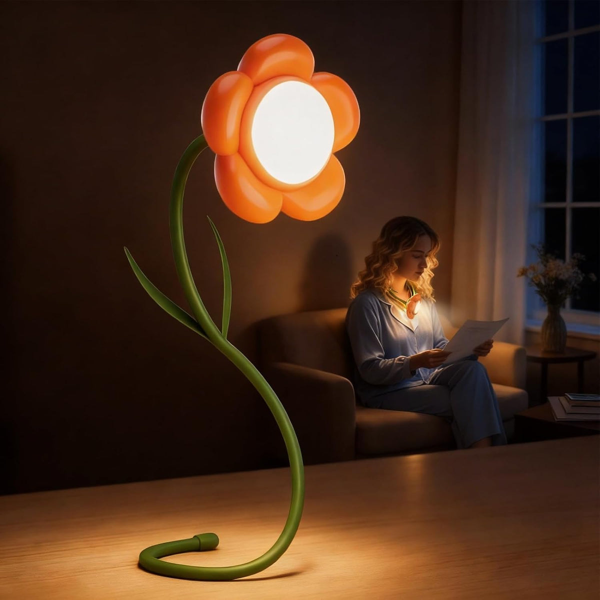 Rose Flower Lamp Rechargeable Reading Light for Bed,3-Color Modes Adjustable Brightness Small Night Light Neck Reading Light,Festival Gifts for Kids Mom Girlfriend Grandma(Orange-red)