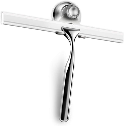 BININBOX Shower Squeegee for Shower Doors, Window, Bathroom, Mirror and Car Glass, All-Purpose Cleaning Squeegee with Powerful Suction Cup Hooks Holder – Stainless Steel, 10 Inches. (Silver)