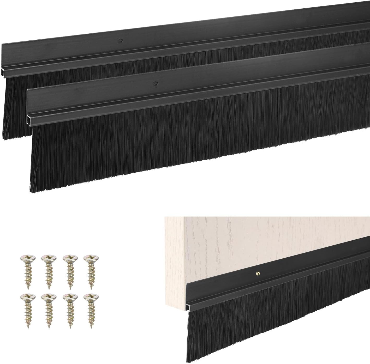 M METERXITY 2Pack Door Sweep - 39" Door Bottom Brush Heavy Duty Seal Draft Stopper Aluminum Base with 20mm Brush, Adhesive/Screw Installation for Interior/Exterior/Garage/Sliding Doors, Black