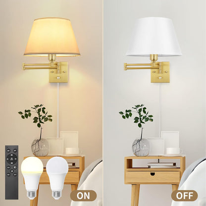 TRLIFE Wall Sconce Plug in, Dimmable Wall Sconces Set of Two Swing Arm Wall Lights with Plug in Cord and On/Off Dimmer Rotary Switch, 9.4" Medium Beige Fabric Shade(2 Pack, 2 Bulbs)