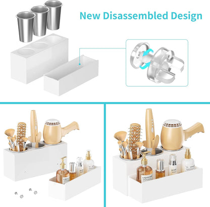 Hair Tool Organizer, Acrylic Hair Dryer Holder, Bathroom Countertop Blow Dryer Stand Storage, Vanity Organizer for Accessories, Makeup, Flat Irons, Curling Irons, and Toiletries (White)