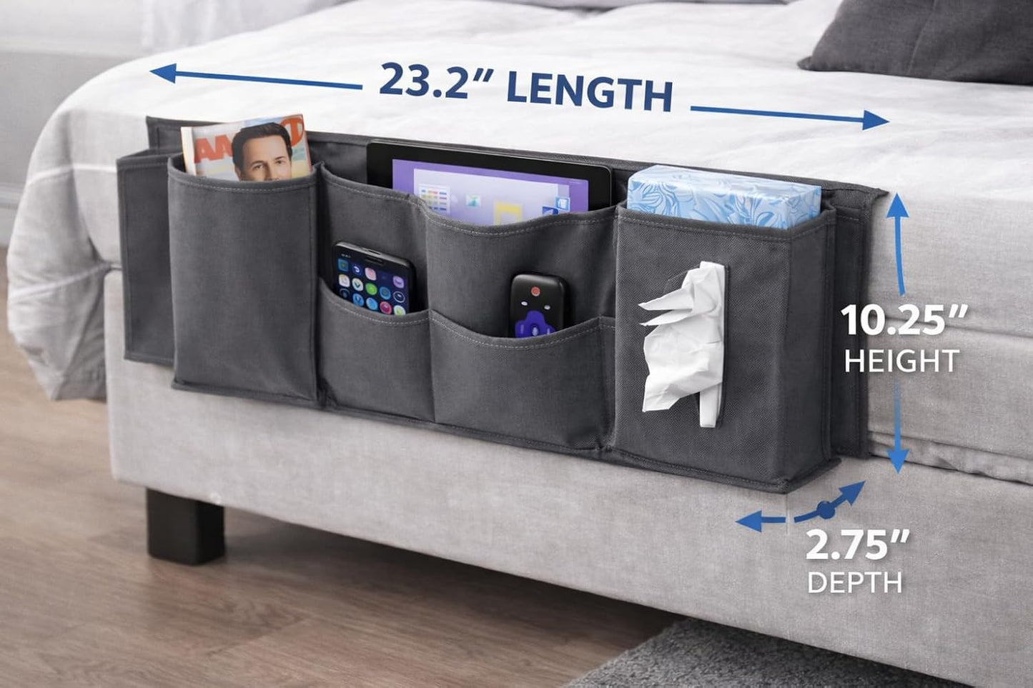 Dependable Industries inc. Essentials Bedside Caddy Organizer 5 Pocket Hanging Bed Storage Pouch for Couch Dorm Bunk Bed Platform Bed, Remote Phone Tablet Tissue Holder, Oxford Fabric, Gray