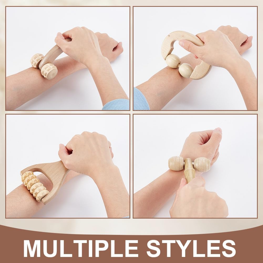 AHANDMAKER 4Pcs Massage Tool Set 4 Styles Wooden Gua Sha Tool, T-Shape Massage Roller, Therapy Trigger Point Massage Tool for Body, Face, Shoulder, Arm, Leg, Foot, Almond White