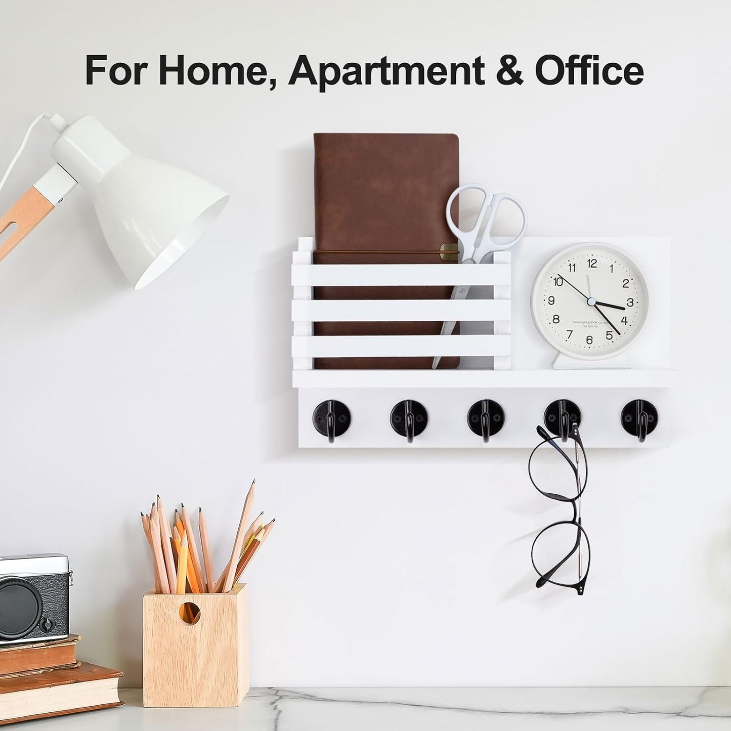 Lwenki Key Holder for Wall – Decorative Wooden Mail Holder and Key Shelf with Mounting Hardware, Installation Guide – Paulownia Wood with Metal Key Hooks (Black, Large - 11.8inch)