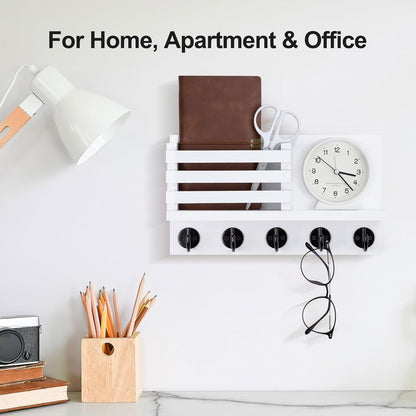 Lwenki Key Holder for Wall – Decorative Wooden Mail Holder and Key Shelf with Mounting Hardware, Installation Guide – Paulownia Wood with Metal Key Hooks (Black, Large - 11.8inch)