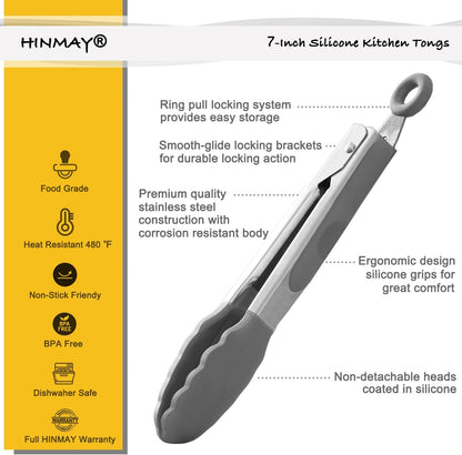 HINMAY Mini Tongs with Silicone Tips 7-Inch Serving Tongs, Set of 3 (Red Blue Green)