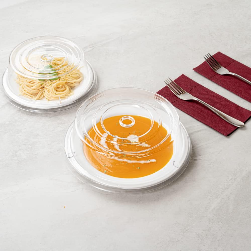 Restaurantware Cater Tek 11 Inch Polycarbonate Plate Cover 1 Shatterproof Dish Cover - Microwavable Endures Up To 210F Clear Plastic Splatter Cover With Finger Hole For 11 Inch Plates