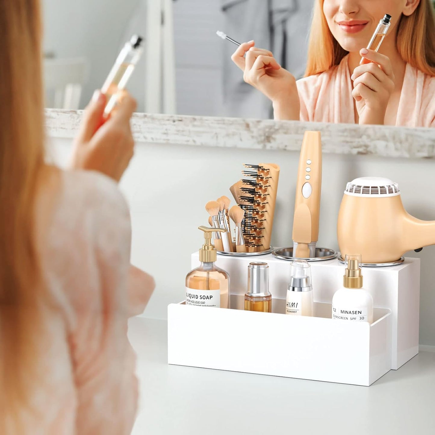 Hair Tool Organizer, Acrylic Hair Dryer Holder, Bathroom Countertop Blow Dryer Stand Storage, Vanity Organizer for Accessories, Makeup, Flat Irons, Curling Irons, and Toiletries (White)