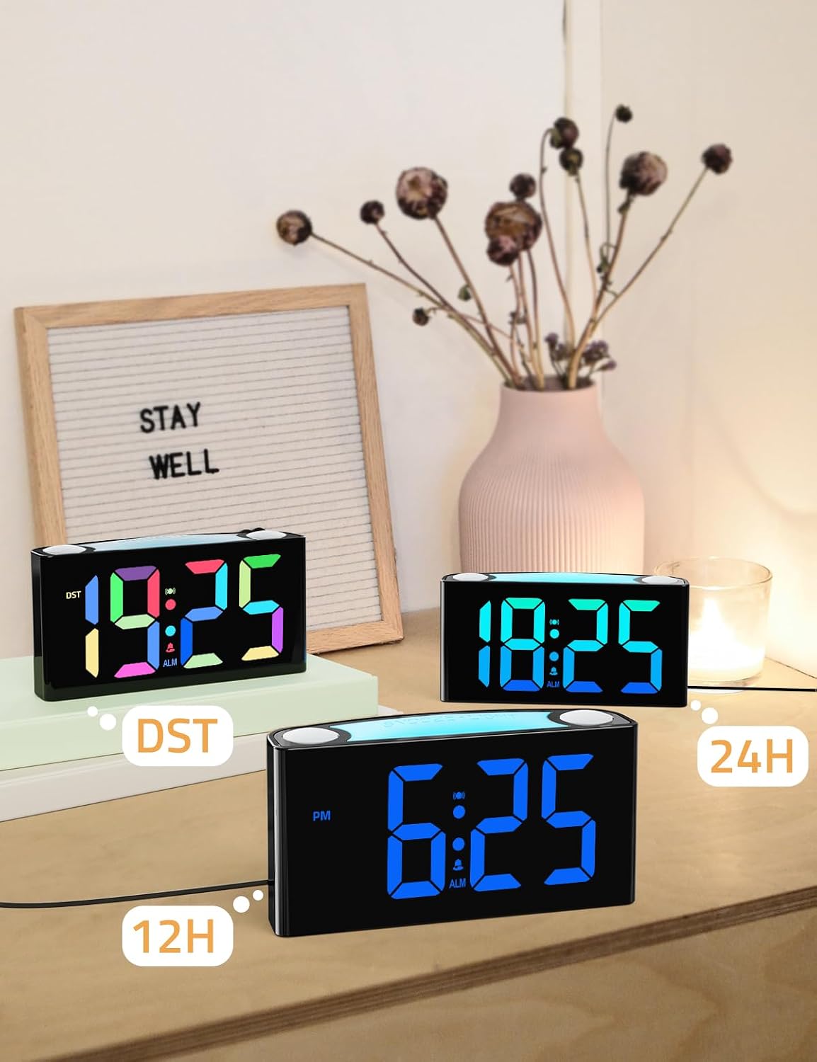 Mesqool Vibrating Alarm Clock with Bed Shaker for Heavy Sleepers | Powerful vibration and buzzer with 3 wake modes, RGB display, night light, dual USB charging, and battery backup