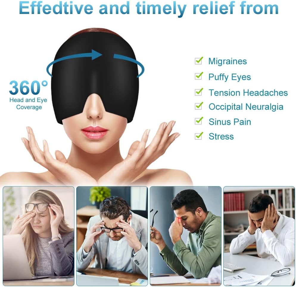AOOWU Migraine Relief Cap, Reusable Soothing Headache Cap, Odorless Cooling Gel Ice Hat, Ice Pack Head Wrap, Hot and Cold Therapy, Cold Face Mask for Tension Stress Hangover Sinus Puffy Eyes, Blue
