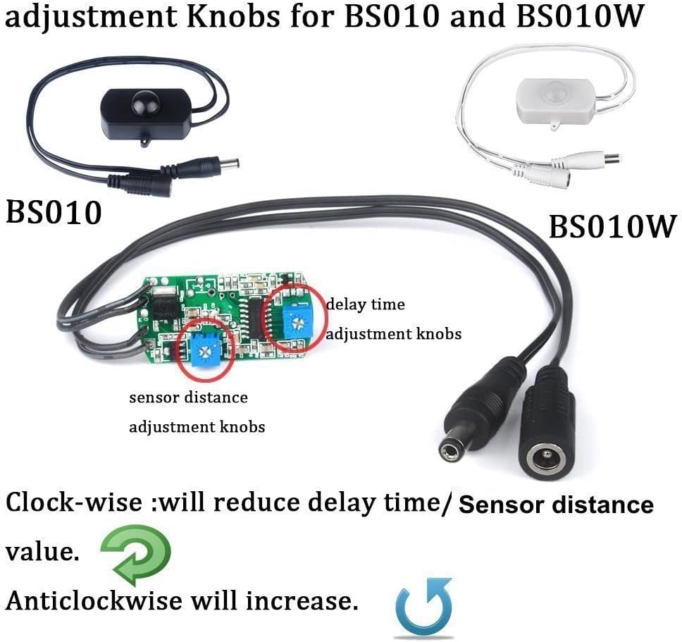 Sensky BS010W Motion Sensor Light Switch - DC 12V to 30V PIR Motion Sensor with Adjustable Delay Time and Detection Distance - for LED Strip Lighting Systems and Indoor Security Detectors