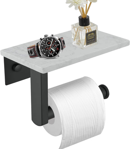 BWE Brushed Gold Toilet Paper Holder with Marble Shelf Wall Mounted | Toilet Paper Roll Holder with Phone Shelf 304 Stainless Steel Tissue Holder for Bathroom Washroom,Saving Space