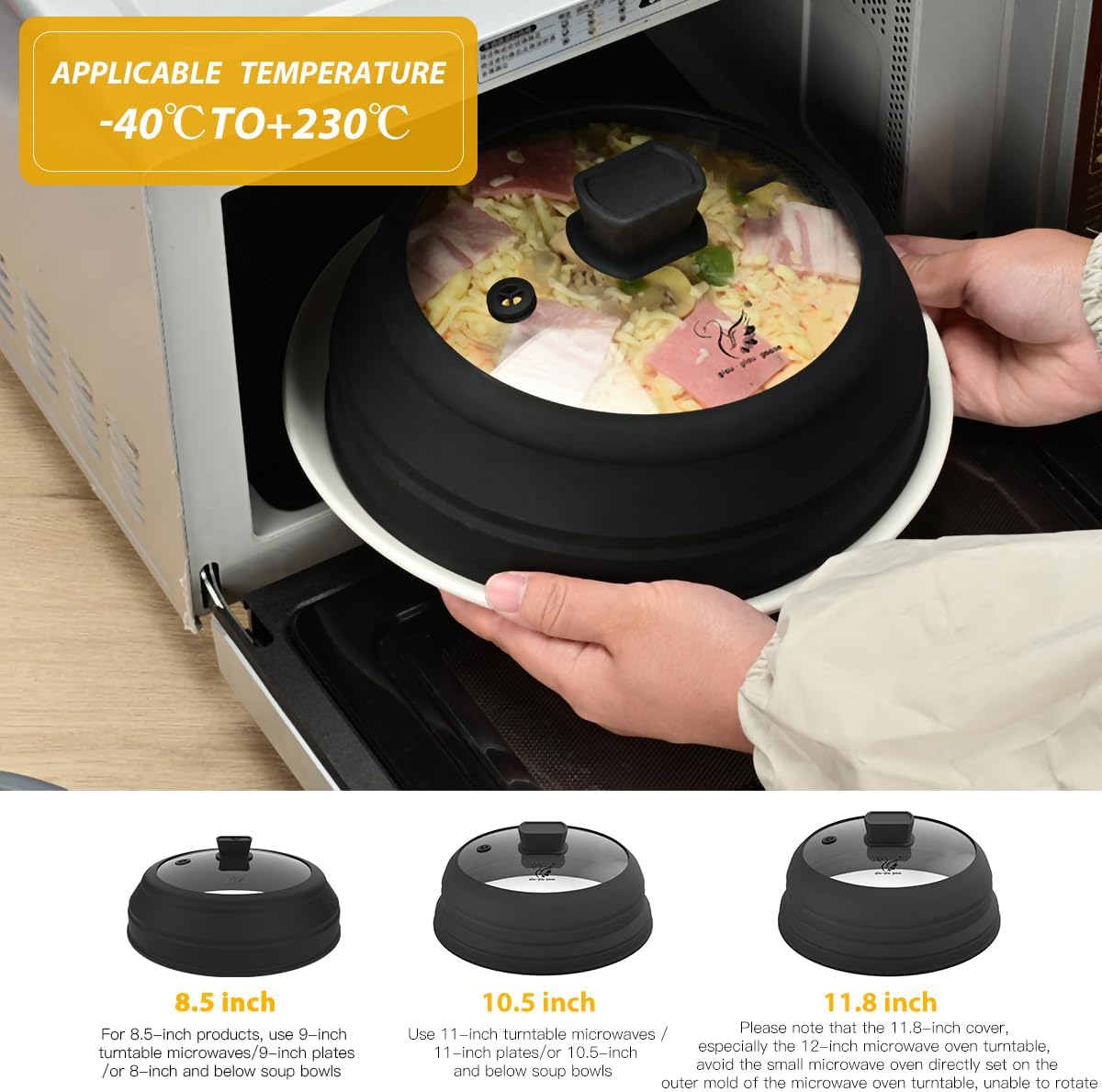 Microwave Splatter Cover Glass Splatter Guard Lid with Collapsible Silicone for Food Pot Cover Plate Cover 10.8 inch Black