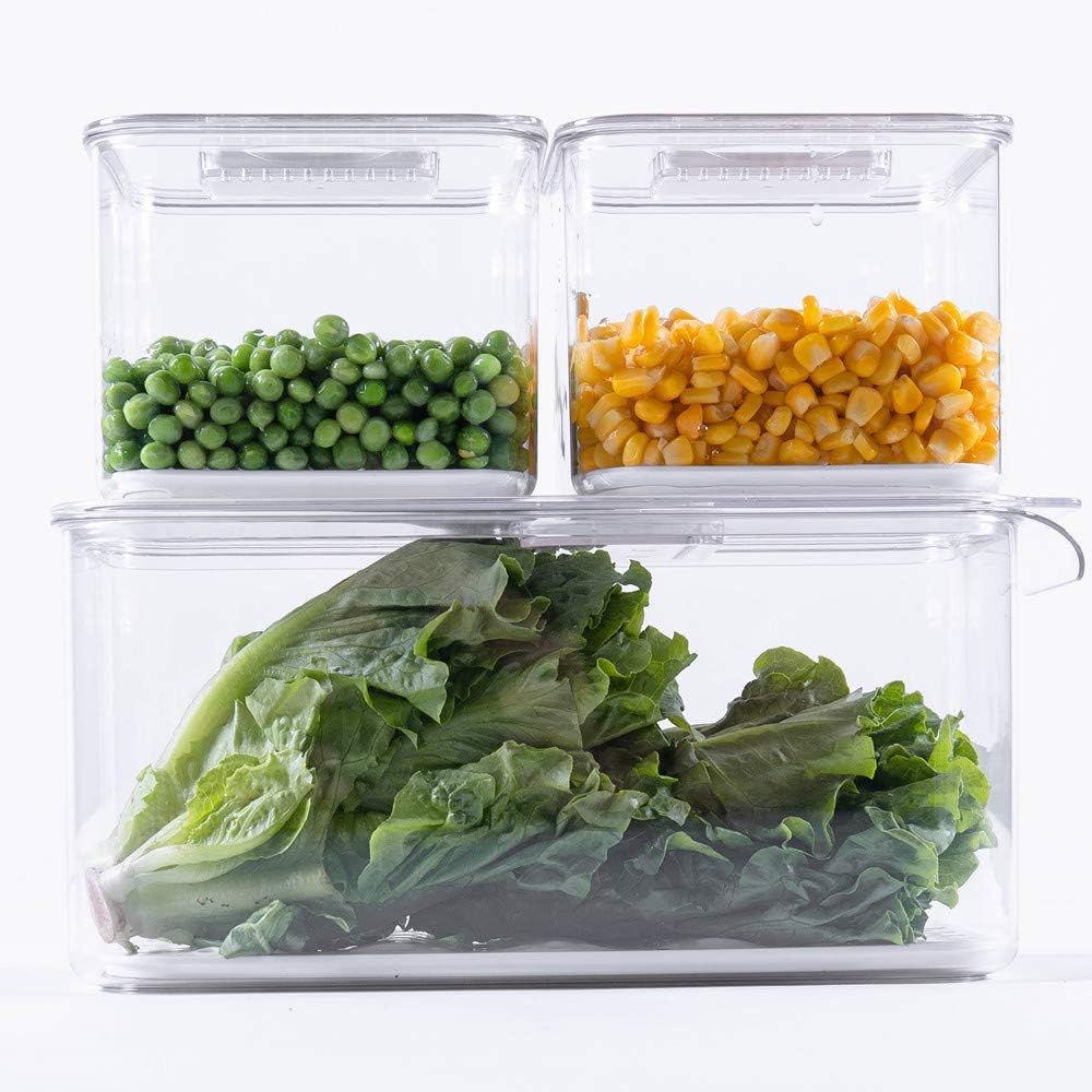 Fridge Produce Saver Food Storage Bin Containers, Stackable Refrigerator Freezer Organizer Fresh Keeper Container with Vented Lids, 3 Pack