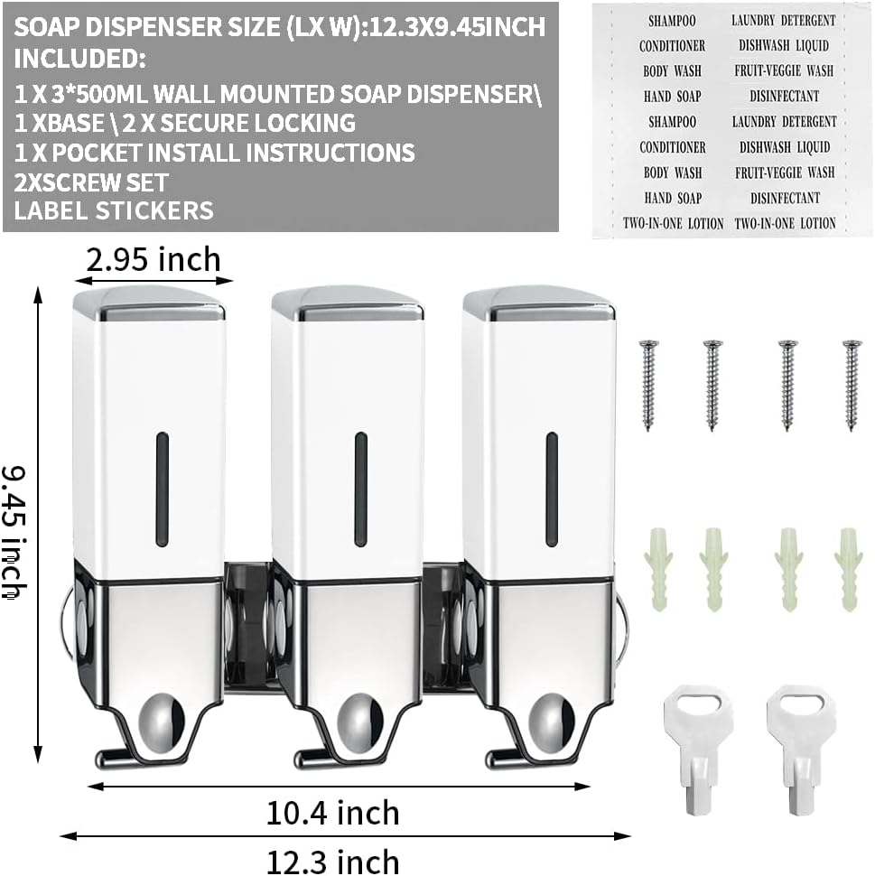 3 in 1 Chamber Wall Mounted Shampoo and Conditioner Dispenser (Silver) | No Drill Shower Soap Dispenser for Bathroom & Hotel Leak-Proof Pumps, Easy Installation and Large Capacity