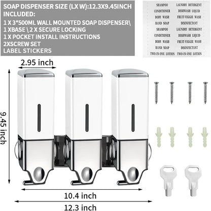 3 in 1 Chamber Wall Mounted Shampoo and Conditioner Dispenser (Silver) | No Drill Shower Soap Dispenser for Bathroom & Hotel Leak-Proof Pumps, Easy Installation and Large Capacity