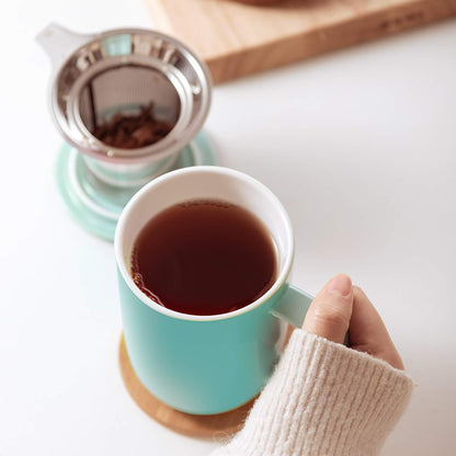 CEEFU 16oz Porcelain Tea Mug with Infuser, Lid and Coaster | Teaware with Filter, Loose Leaf Tea Cup Steeper Maker, Tea/Coffee/Milk/Women/Office/Home/Gift, Navy Blue