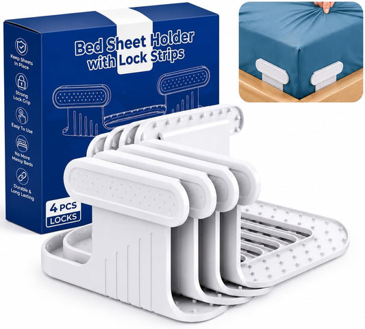 Bed Sheet Holders for Corners, 4PCS Fitted Sheet Holders with Lock Strips, Keep Sheets Tight & Secure, Non-Slip Sheet Clips for Mattress, Easy to Install, Fits Twin, Full, Queen & King Beds