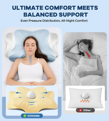 DONAMA Contour Cervical Neck Pillow for Neck Pain Relief | Queen,Ergonomic Dual-Height,Odorless Memory Foam,Side/Back/Stomach Sleepers,Cooling Hypoallergenic Cover,OEKO-TEX Certified