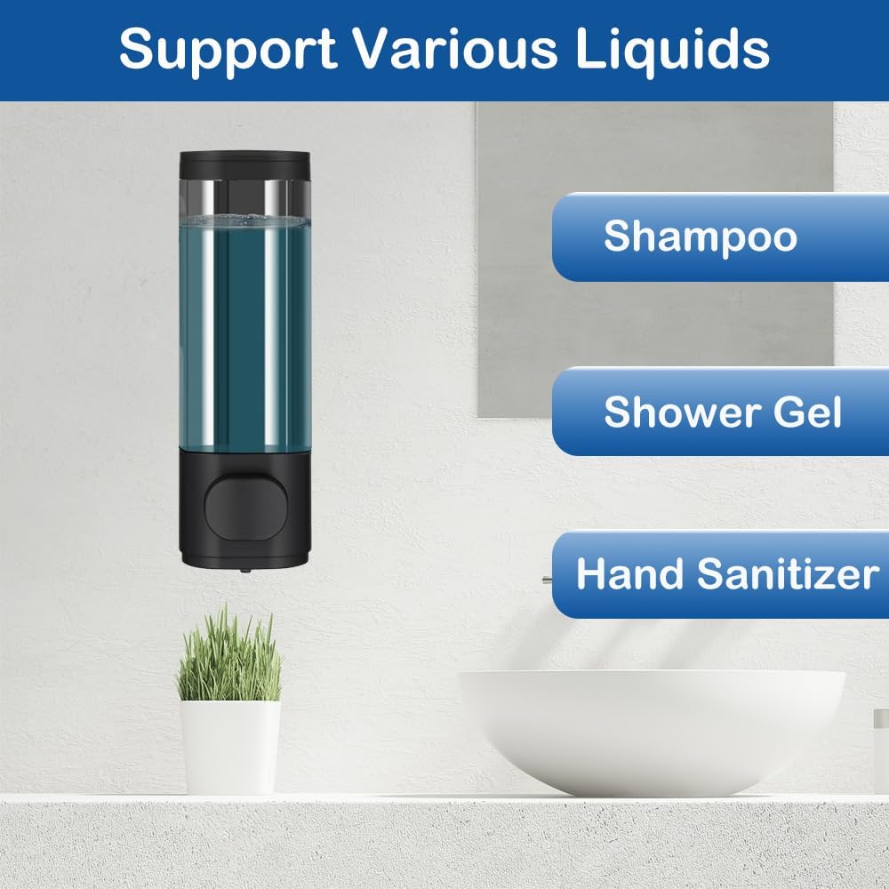Wall Mounted Hand Soap Dispenser, 1 Chamber, 10oz/300ml Single Black Shampoo and Conditioner Dispenser, Bathroom Shower Dispenser Gel Container Dispenser and Organizer for Bathroom Kitchen Hotel