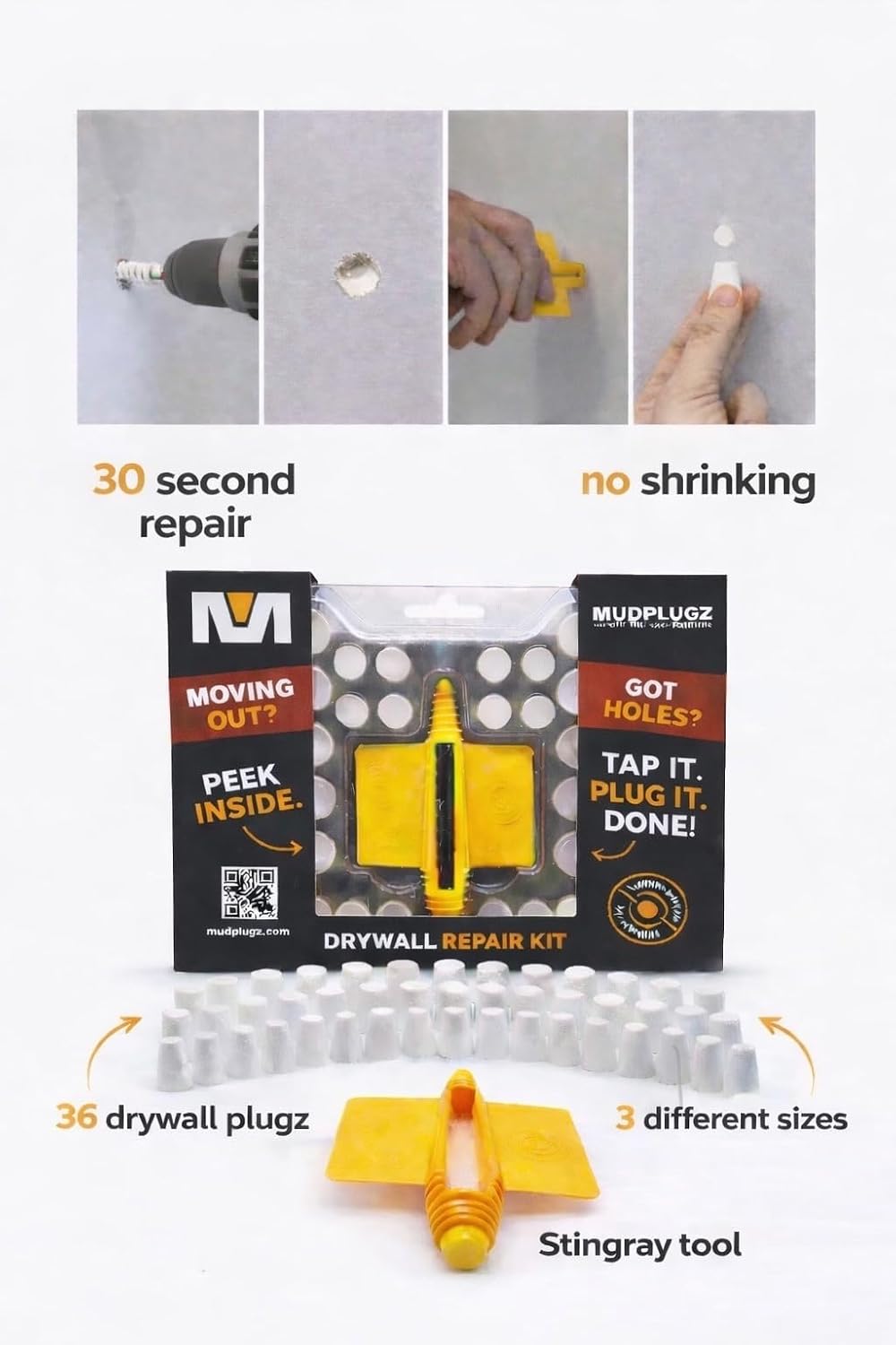 FIX Drywall Anchor Holes Fast - MudPlugz Drywall Hole Repair Kit - No Mesh - No Spackle - Professional Small Hole Wall Patch Kit - 36 Plugs - Reusable Prep Tool - Quick and Easy