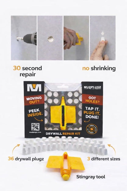 FIX Drywall Anchor Holes Fast - MudPlugz Drywall Hole Repair Kit - No Mesh - No Spackle - Professional Small Hole Wall Patch Kit - 36 Plugs - Reusable Prep Tool - Quick and Easy