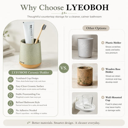 LYEOBOH Ceramic Toothbrush Cup, Cute Toothbrush Holder with Drainage White | Farmhouse Toothbrush Container, Countertop Toothbrush Organizer, Toothbrush Storage for Bathroom Vanity & Countertop