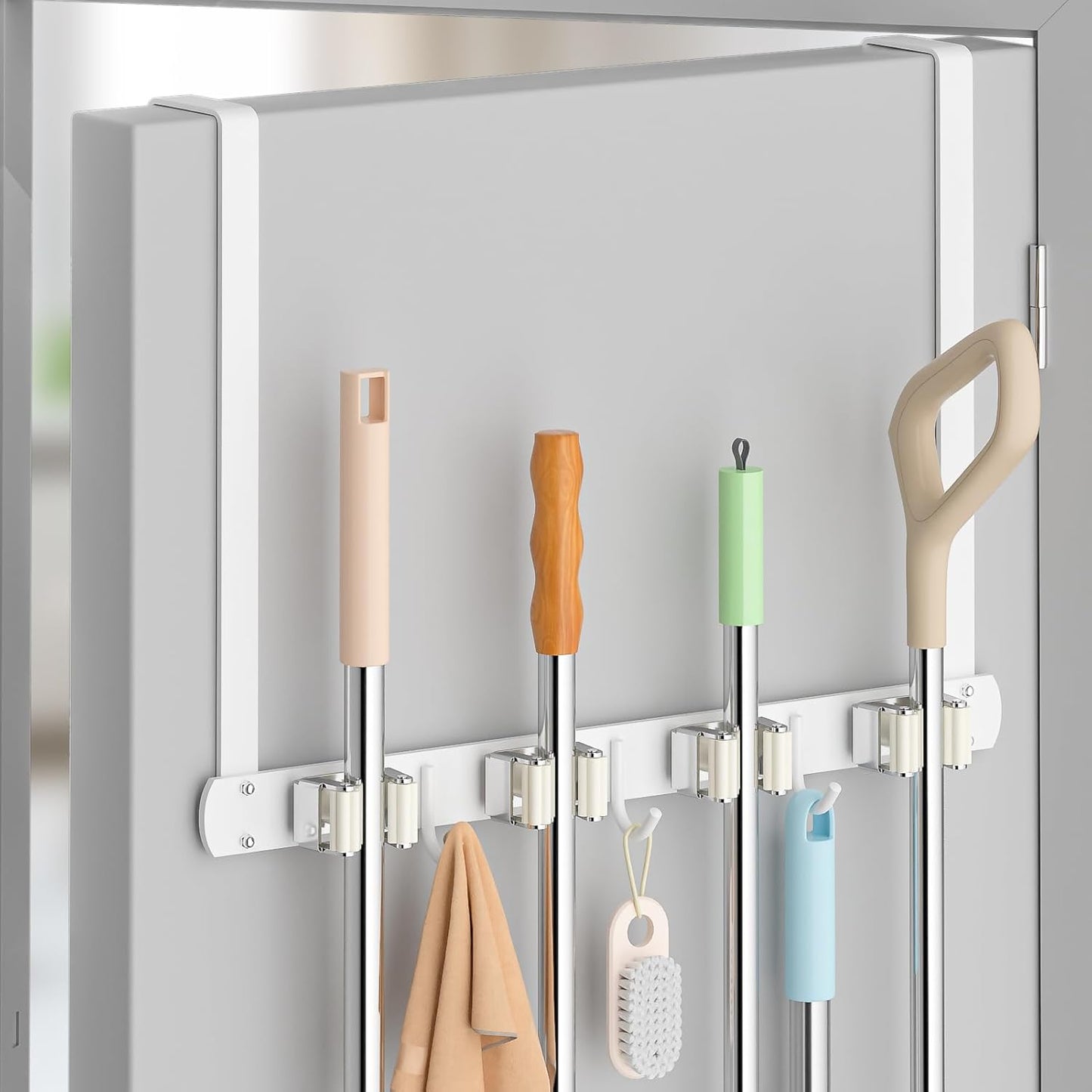 Broom Holder Over The Door with Hooks -304 Stainless Steel (Black) | Save Space, Anti-Rust & Sturdy, Mop and Broom Holder Wall Mounted or Hanging Over The Door, for Garage Laundry Kitchen
