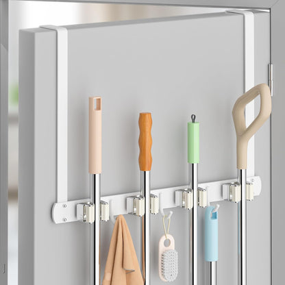 Broom Holder Over The Door with Hooks -304 Stainless Steel (Black) | Save Space, Anti-Rust & Sturdy, Mop and Broom Holder Wall Mounted or Hanging Over The Door, for Garage Laundry Kitchen