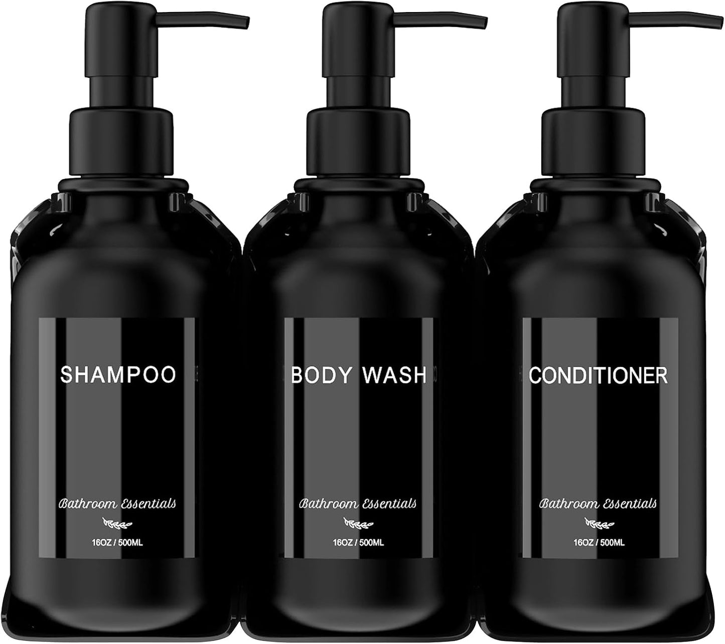 Modern Shampoo and Conditioner Dispenser - Shower Soap Dispenser Wall Mounted - 3-Pack 16 oz Plastic Amber Bottles with Black Pumps - Stylish Shampoo Dispenser, Shower Dispenser 3 Chamber No Drill