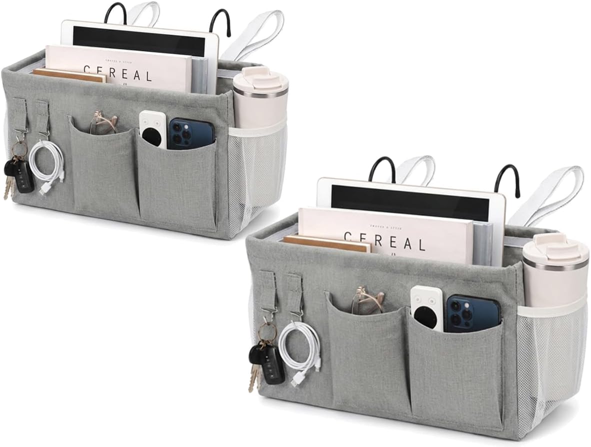 1pc Bedside Caddy Organizer with Hooks, No-Sagging Canvas Hanging Bed Pocket with Water Bottle Holder, Bedside Storage for Dorm Room Essentials, Bunk Bed Accessories, Hospital Bed Rails & Crib (pink)