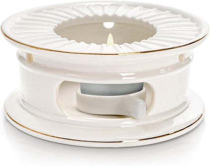 Ceramic Teapot Warmer, Gold Rim Teapot Heater with Tealight Holder | White Porcelain Tea Kettle Holder Warming Base for Heating Coffee, Milk, Water, Soup