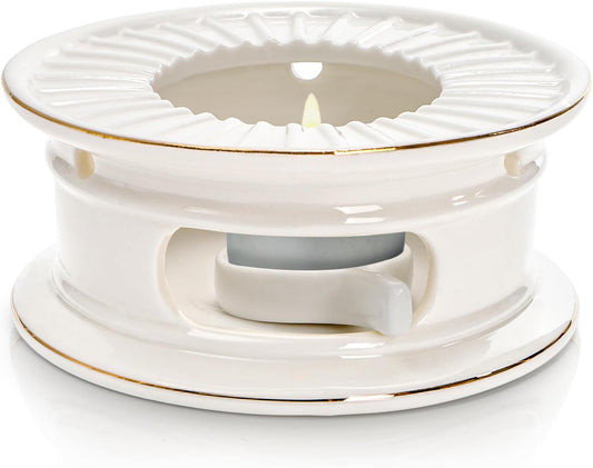 Ceramic Teapot Warmer, Gold Rim Teapot Heater with Tealight Holder | White Porcelain Tea Kettle Holder Warming Base for Heating Coffee, Milk, Water, Soup