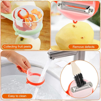 2Pcs Peeler with Container, Fruit and Vegetable Enclosed Peeler with Storage Box, Double-Sided Pee-ler Gadgets with Cleaning Brush, for Home Kitchen Restaurant(COLOR:green+orange)