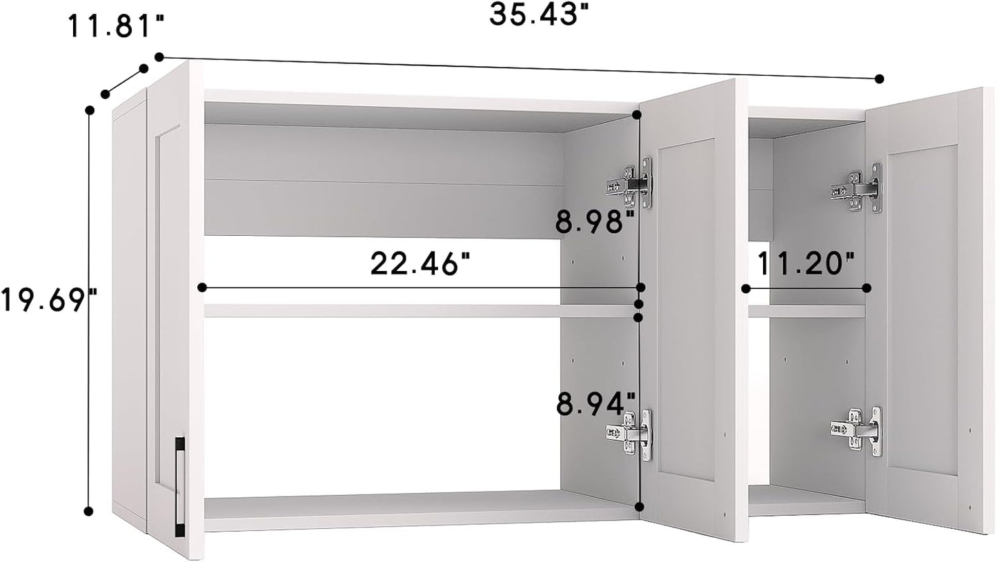 White Laundry Room Cabinets and Storage with 4 Doors and Utility Adjustable Shelf，Gabinetes Para Cocina Cupboard Kitchen Organizers and Storage Pantry Wall Mounted 12.4"D x 47.2"W x 19.7"H
