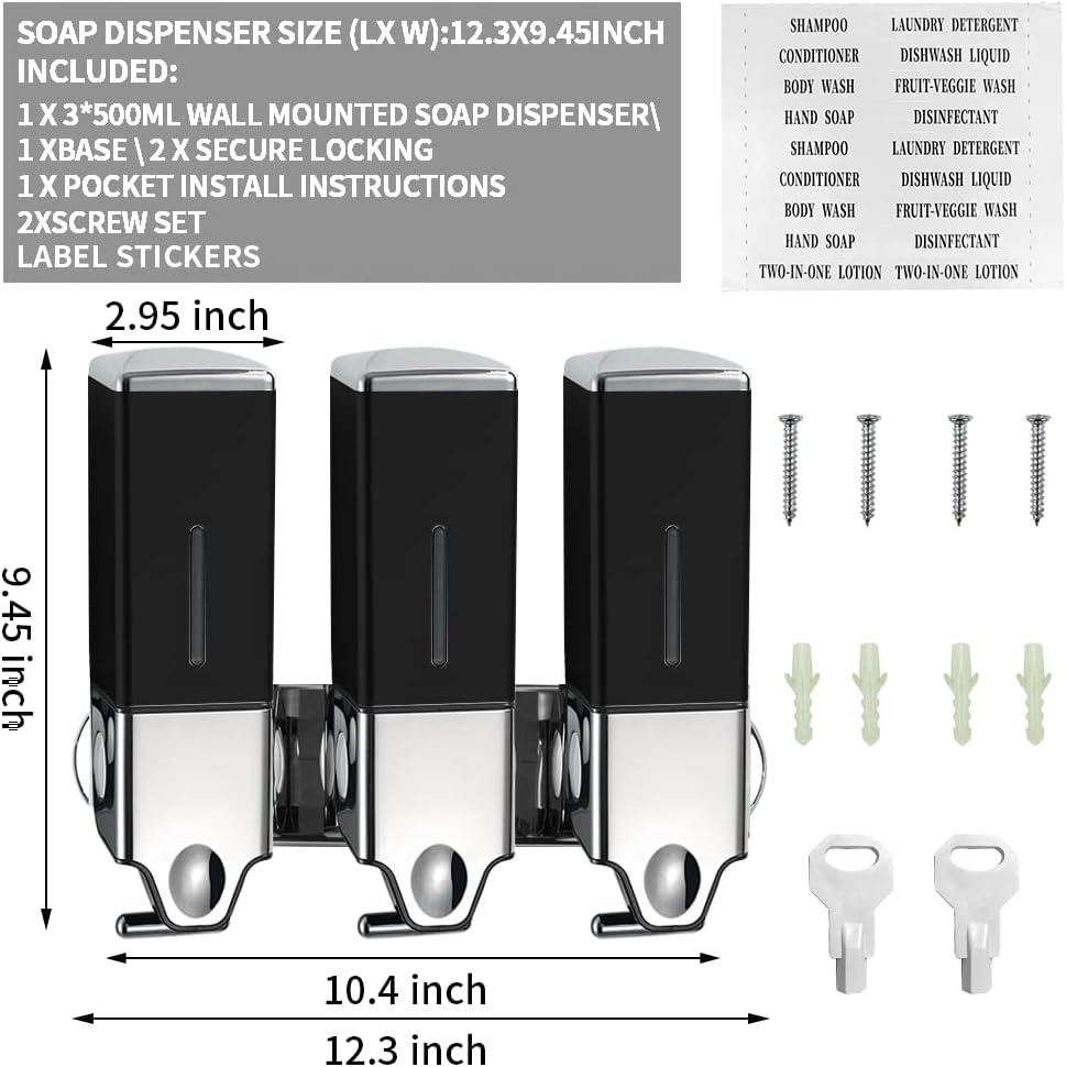 3 in 1 Chamber Wall Mounted Shampoo and Conditioner Dispenser (Silver) | No Drill Shower Soap Dispenser for Bathroom & Hotel Leak-Proof Pumps, Easy Installation and Large Capacity