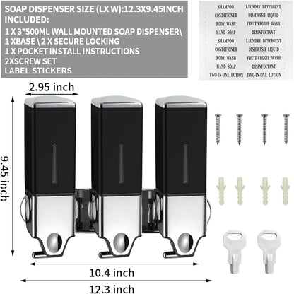 3 in 1 Chamber Wall Mounted Shampoo and Conditioner Dispenser (Silver) | No Drill Shower Soap Dispenser for Bathroom & Hotel Leak-Proof Pumps, Easy Installation and Large Capacity