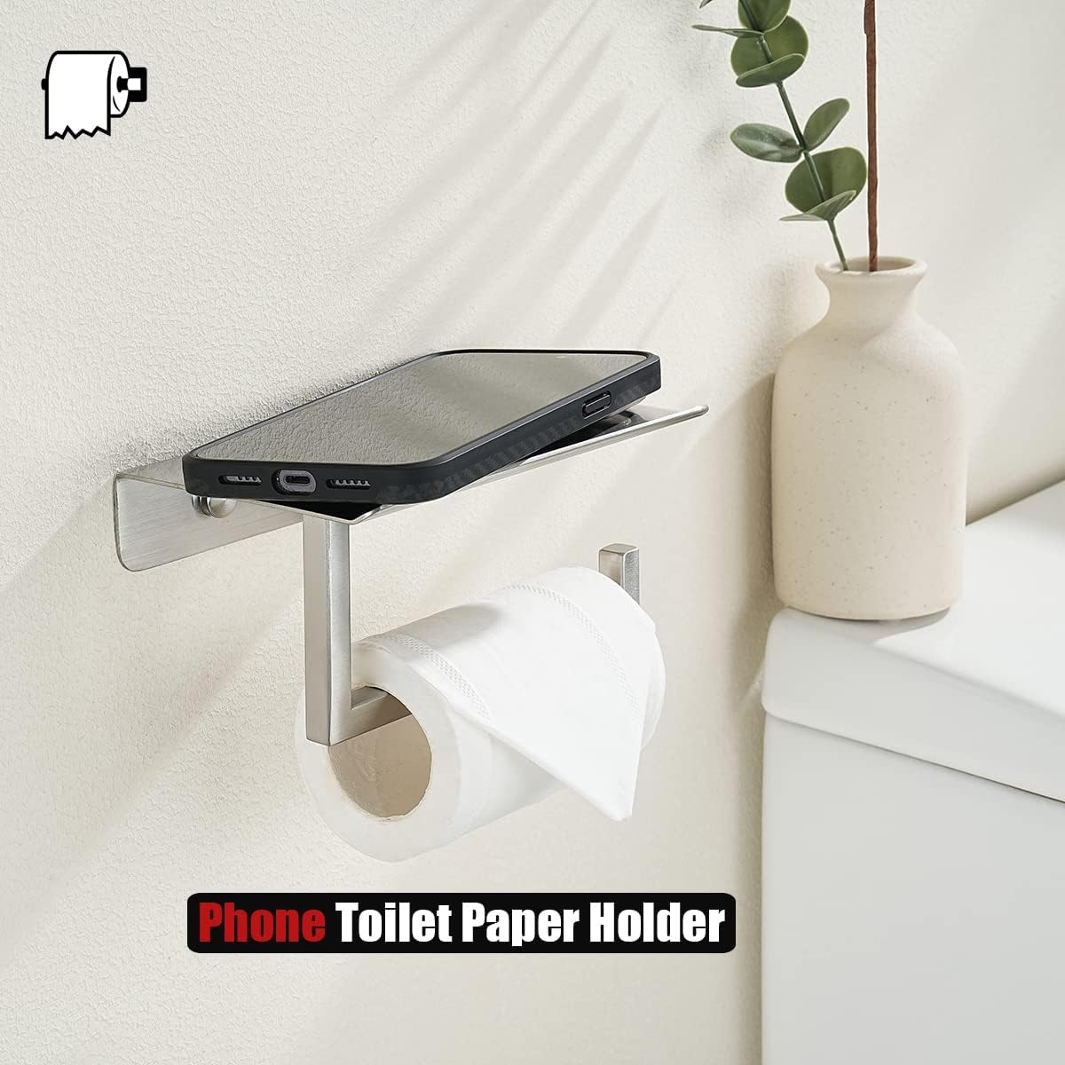 JQK Toilet Paper Holder Shelf, Bathroom Tissue Roll Holder with Phone Shelf, 5 Inch 304 Stainless Steel Tissue Paper Dispenser, Matte Black Wall Mount, TPH202-PB
