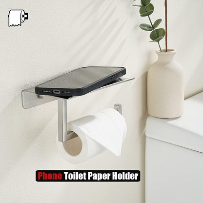JQK Toilet Paper Holder Shelf, Bathroom Tissue Roll Holder with Phone Shelf, 5 Inch 304 Stainless Steel Tissue Paper Dispenser, Matte Black Wall Mount, TPH202-PB