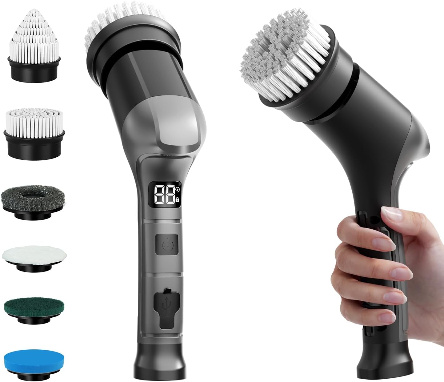 Electric Spin Scrubber, Cordless Household Cleaning Brush with 6 Replaceable Heads, 3 Speeds, LED Display, Lightweight Handheld Power Scrubber for Cleaning Stove/Bowl/Sink/Corner/Tile/Grout-Black