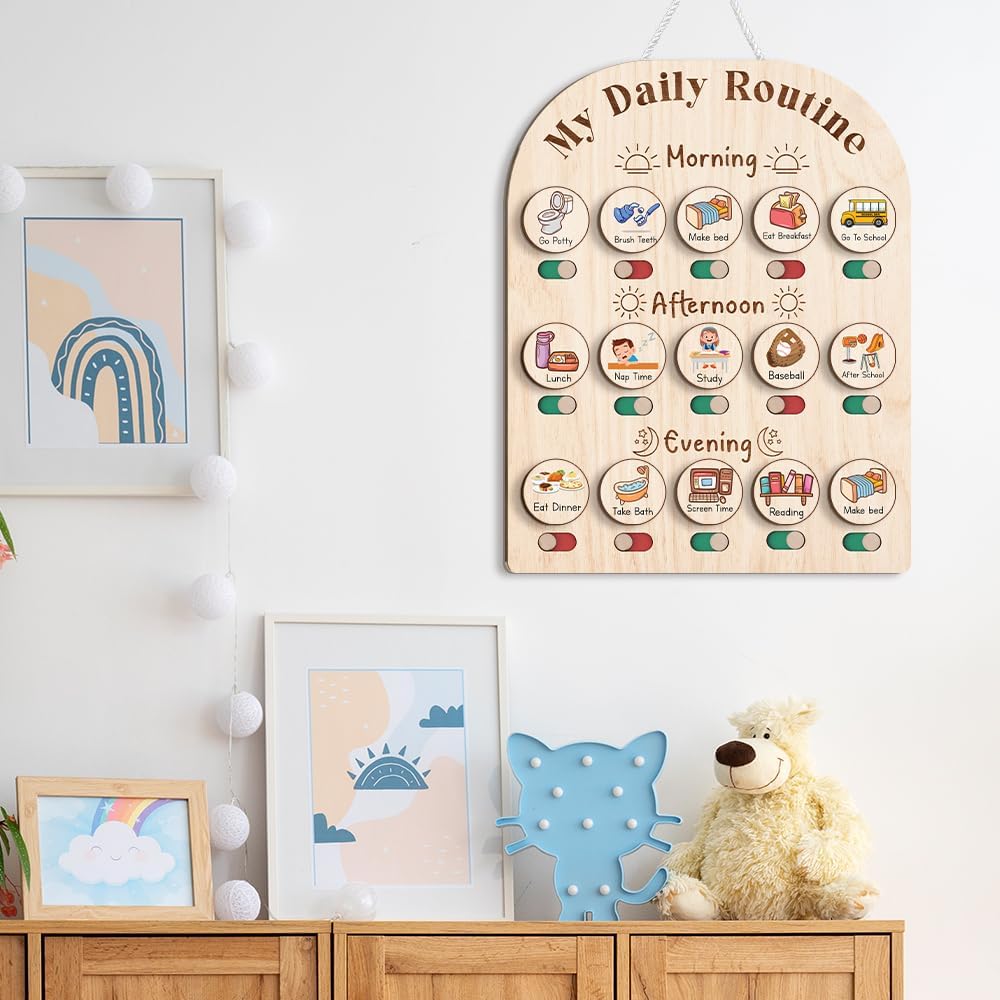 Daily Routine Chart for Kids, Visual Schedule, Routine Chart for Toddlers 3-5, Morning Bedtime Routine Chart for Toddlers, Wooden Chore Chart for Kids