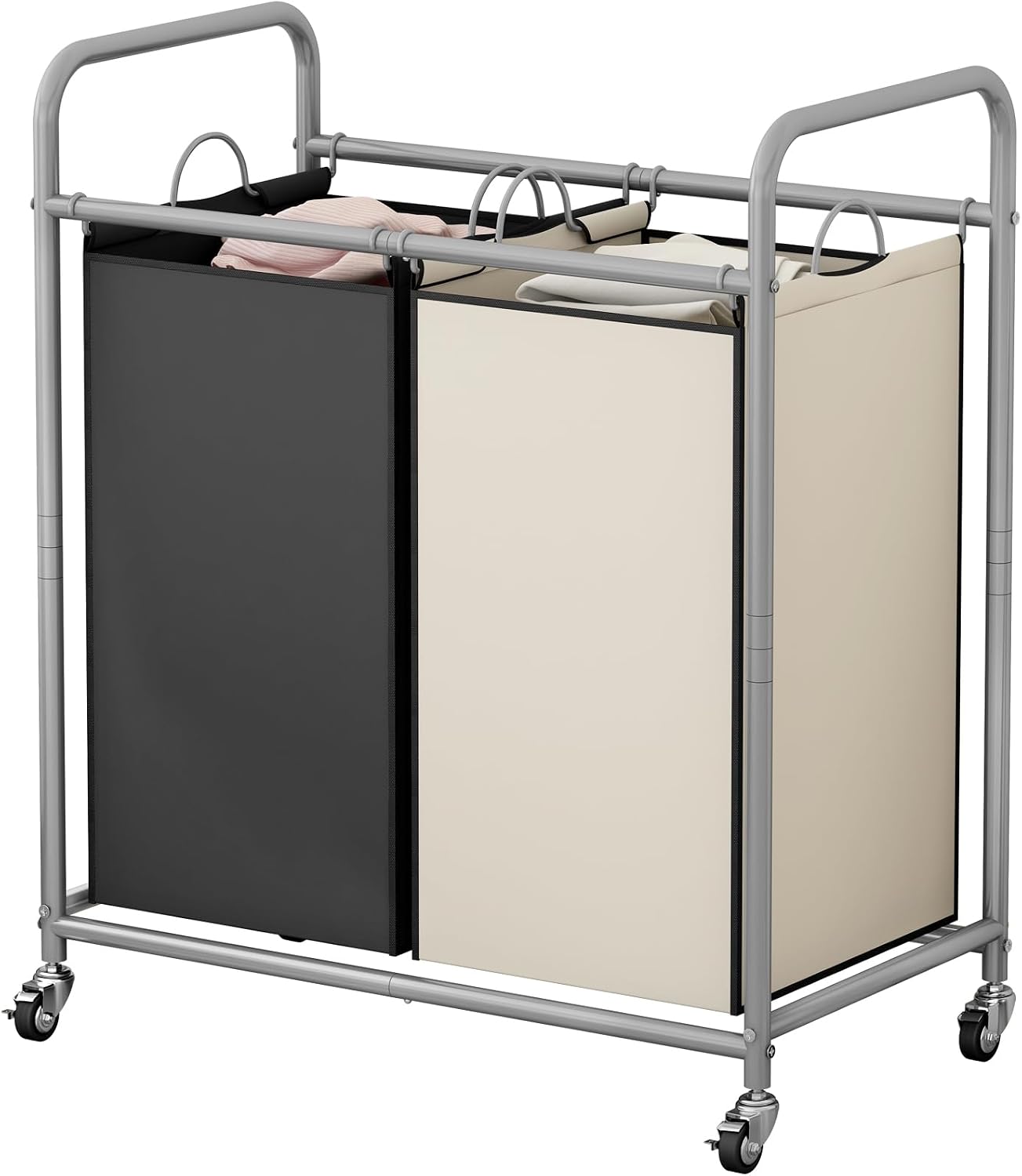SUOERNUO Laundry Hamper with Lockable Wheels and 2 Removable Bags | Rolling Laundry Basket Laundry Sorter 2 section for Dirty Clothes in Laundry Room or Small Spaces, Grey+Beige