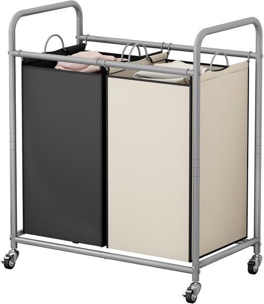 SUOERNUO Laundry Hamper with Lockable Wheels and 2 Removable Bags | Rolling Laundry Basket Laundry Sorter 2 section for Dirty Clothes in Laundry Room or Small Spaces, Grey+Beige
