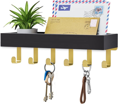 Key Holder Wall Mount Magnetic Adhesive, Key Hooks Rack with Shelf | Key Hanger with Mail Organizer for RV Camper Fridge Living Room Decor, Home Essentials, Black