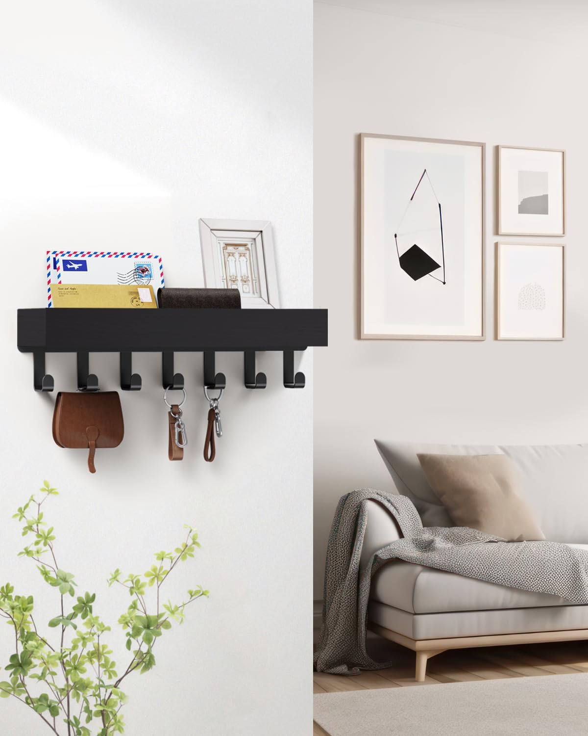 Key Holder Wall Mount Magnetic Adhesive, Key Hooks Rack with Shelf | Key Hanger with Mail Organizer for RV Camper Fridge Living Room Decor, Home Essentials, Black