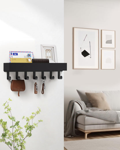 Key Holder Wall Mount Magnetic Adhesive, Key Hooks Rack with Shelf | Key Hanger with Mail Organizer for RV Camper Fridge Living Room Decor, Home Essentials, Black