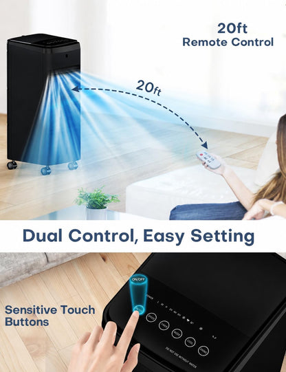 Portable Air Conditioners 4 Modes&3 Speeds,4 Ice Packs, Waterless Alert System, 12H Timer, Remote,1 Gal Detachable Water Tank, 70°Oscillation Windowless Evaporative Air Cooler for Room Office