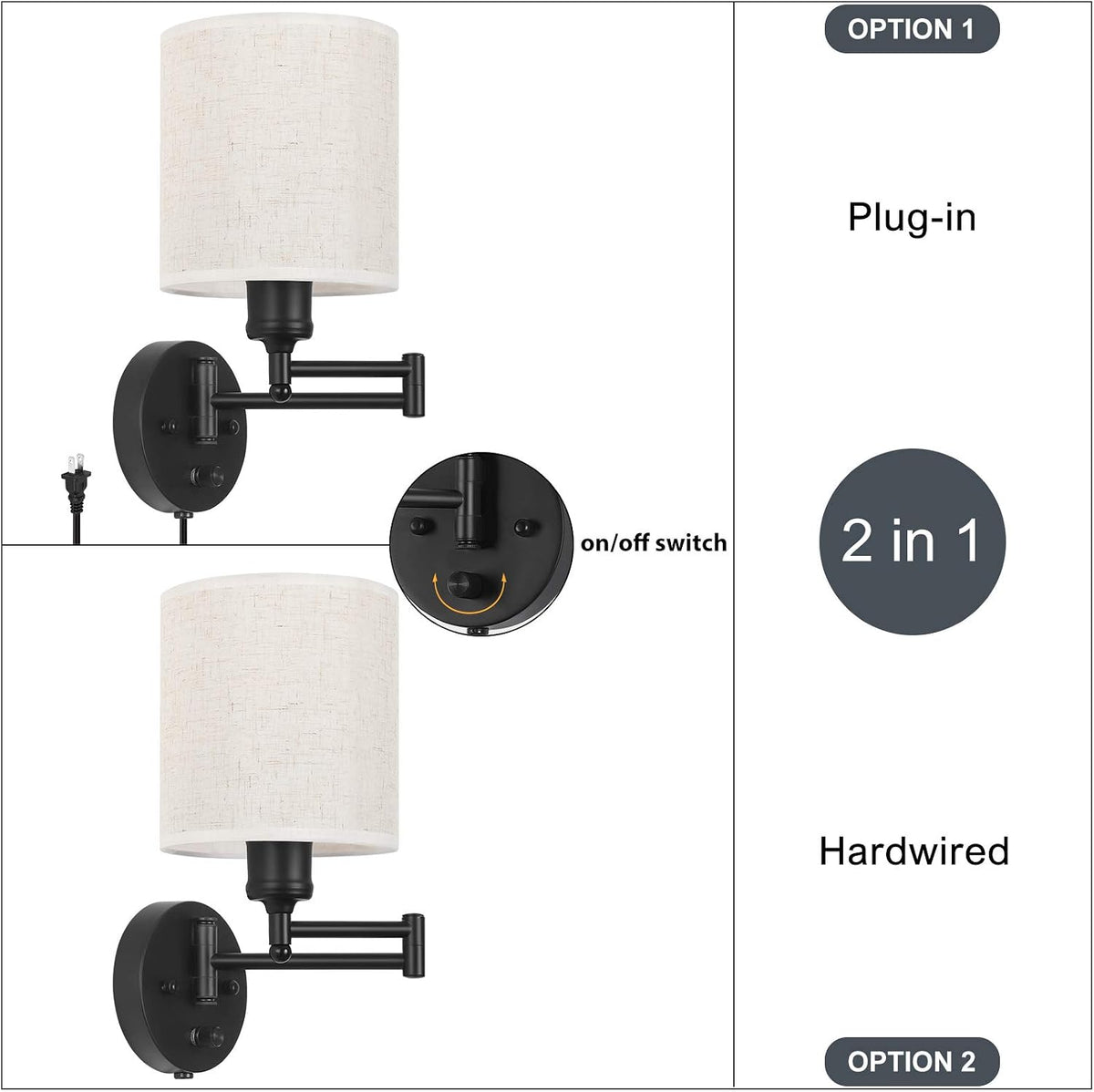 CADUKE Plug in Wall Sconce Set of 2, Swing Arm Wall Lamps