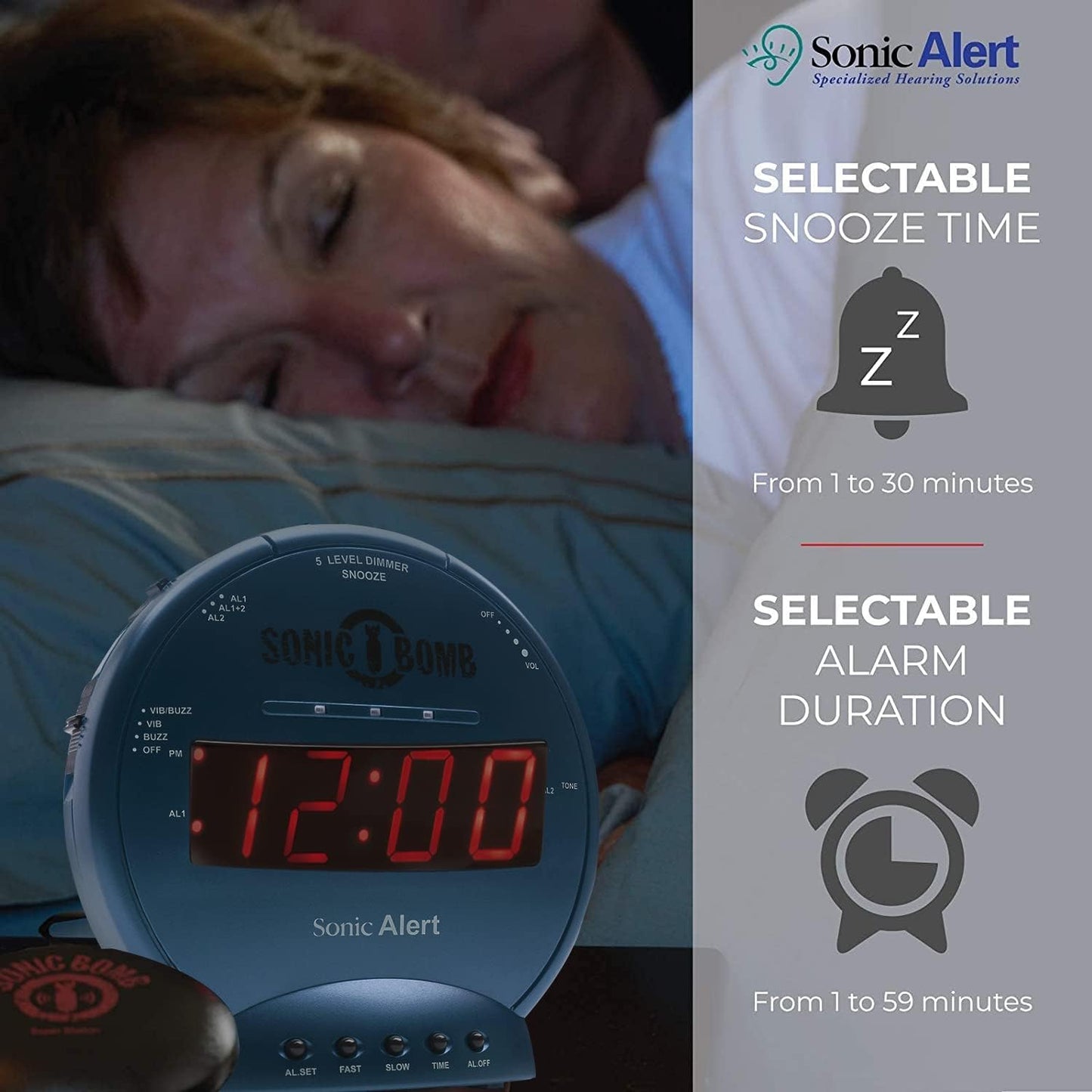 Sonic Alert Sonic Bomb Dual Alarm Clock with Bed Shaker, Black Vibrating Alarm Clock Heavy Sleepers, Battery Backup | Wake with a Shake